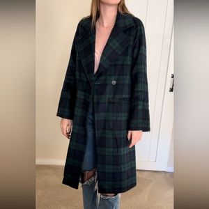 Avec Les Filles Navy and Dark Green Plaid Long Single Breasted Coat size small